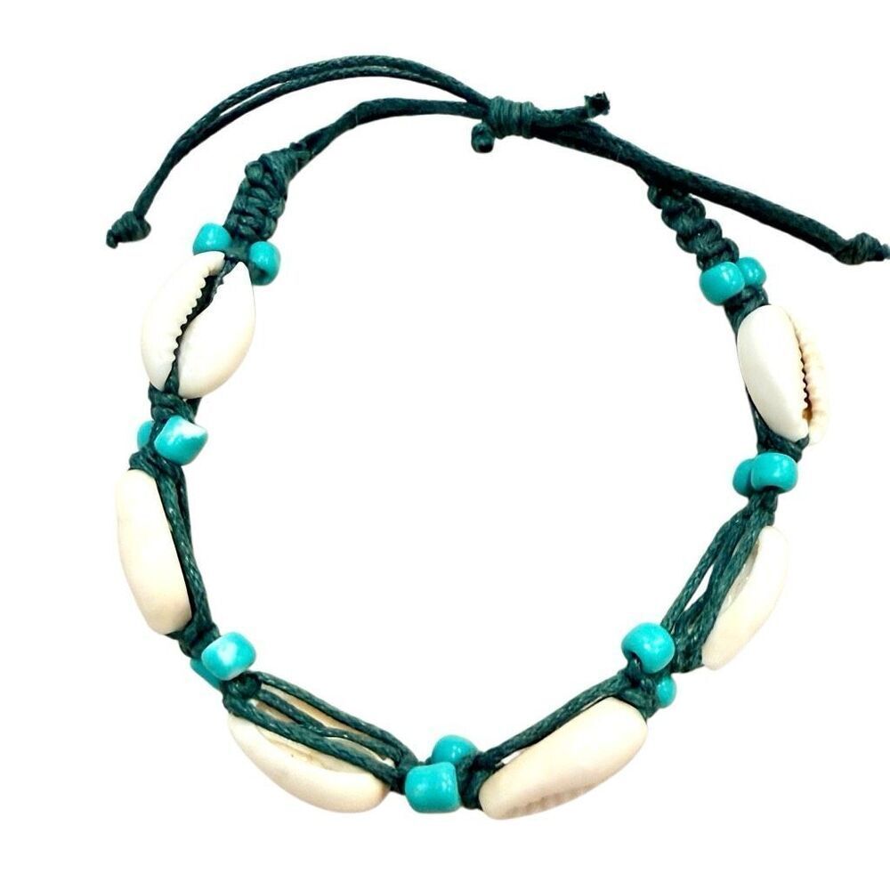 Vintage Pacsun Cowrie Shells Beaded Adjustable Slide Pull String Bracelet Green